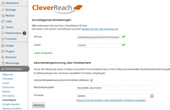 CleverReach Einstellungen in WordPress