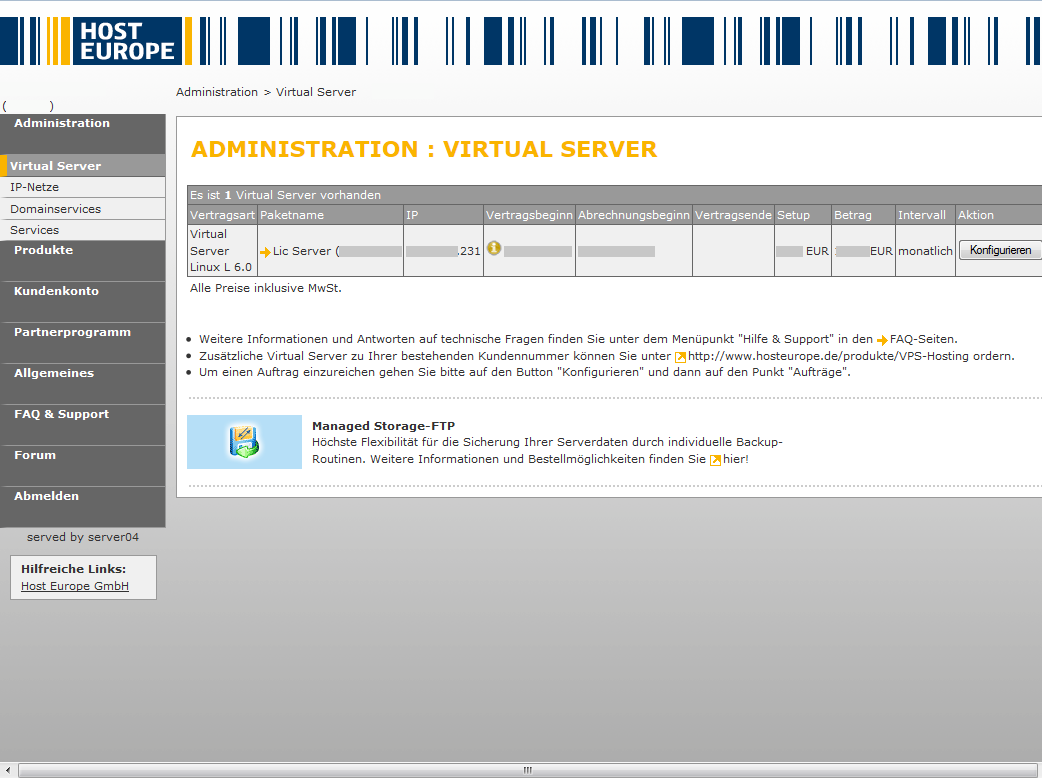 HostEurope: Administration von Virtual-Servern