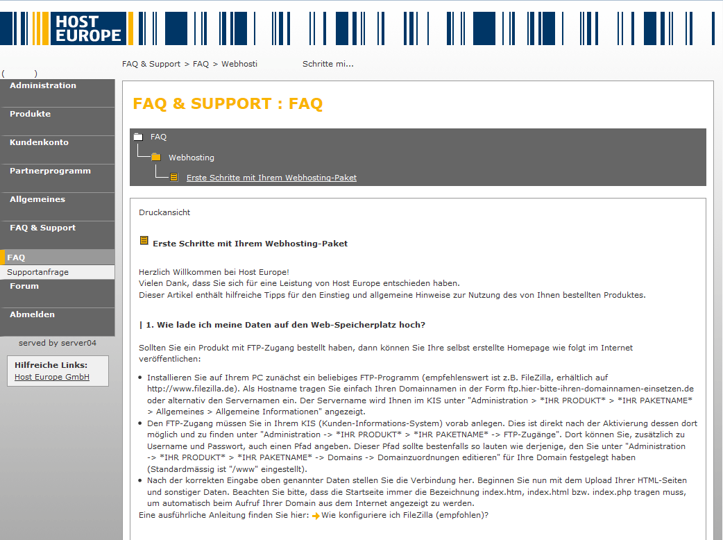 HostEurope: Der FAQ zu den ersten Schritten im KIS