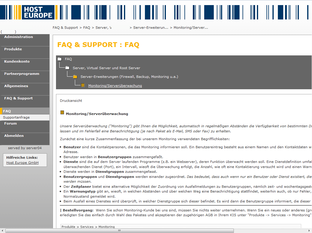HostEurope: Der FAQ zur Monitoring Funktion der virtual-Server